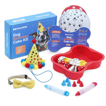BoneItUp Dog Birthday Cake Kit - Bake Birthday Cakes for Dogs - Dog Party Supplies Set with - Large Cake Mold, 3 Vet-Backed Cake Recipes, 2 Drawing Pens, 10 Balloons, Birthday Hat & Bow