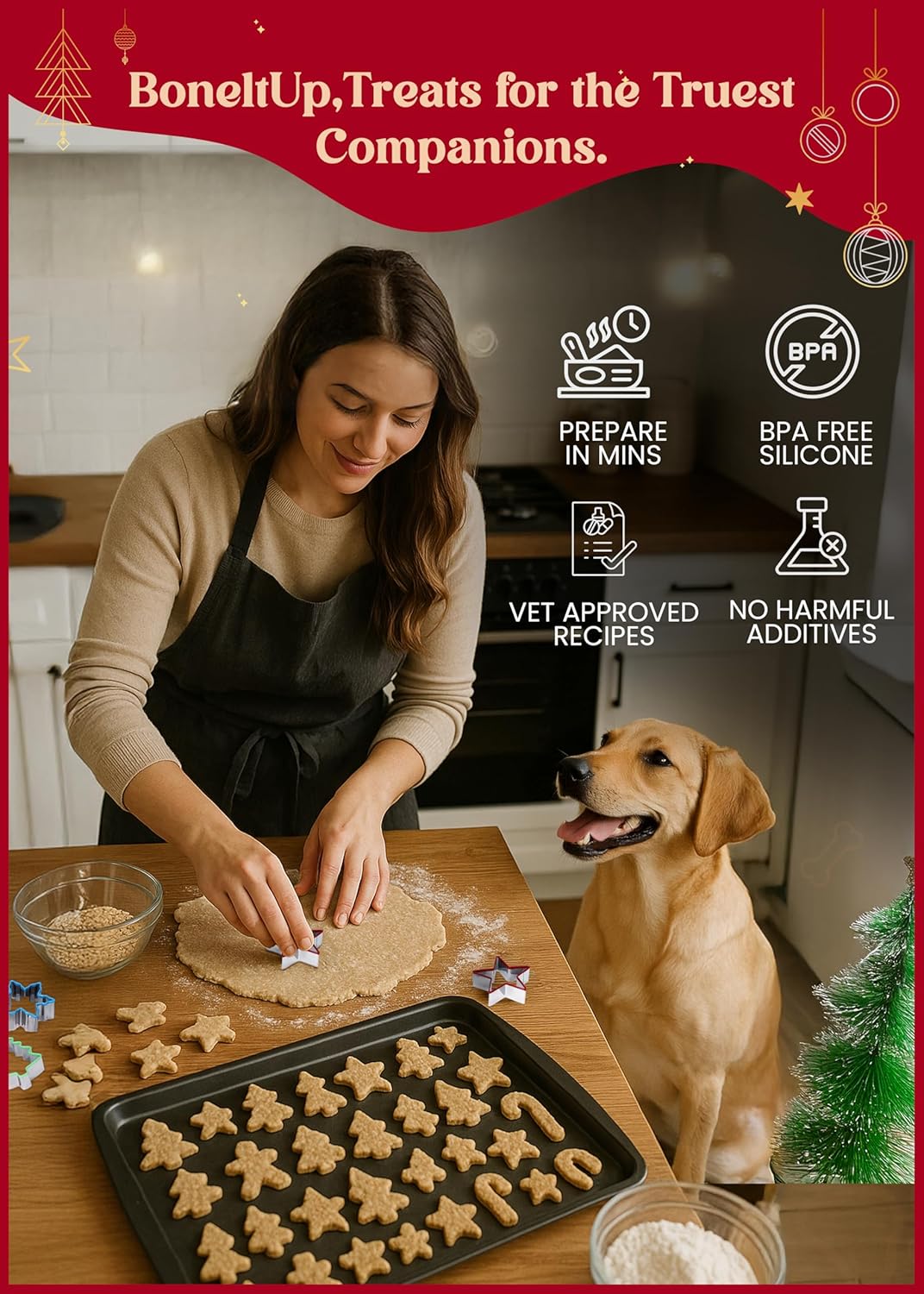 Dog Treat Kit for Christmas – 2 Silicone Christmas Edition Cookie Molds, 5 Cookie Cutters, 10 Recipes, Bow, Dog Hat, 4 Decorating Balloons, Decorating Pen – Ideal DIY Kit for Dogs Lover